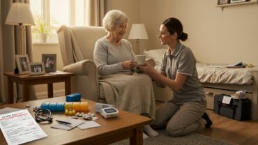 A caregiver offers a cup of tea to an elderly woman seated in a cozy, well-lit living space with personal photos and medical supplies nearby, illustrating comfort and support while considering “How Much Does 24/7 In Home Care Cost Per Month.