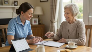 A caregiver in a blue uniform takes notes while consulting an elderly woman at a wooden table with tea and cookies as part of a Senior Care Plan.
