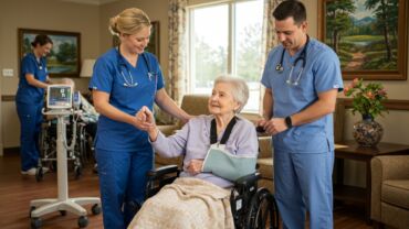 Two healthcare professionals assist an elderly woman in a wheelchair, one holding her hand and the other adjusting her arm in a sling, showing what qualifies a patient for skilled nursing care.