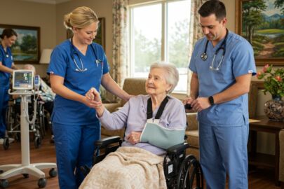 Two healthcare professionals assist an elderly woman in a wheelchair, one holding her hand and the other adjusting her arm in a sling, showing what qualifies a patient for skilled nursing care.