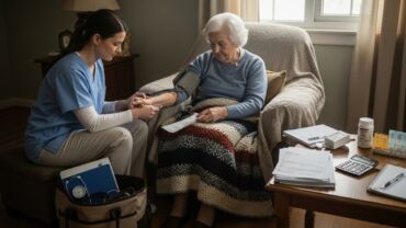 A healthcare provider takes the blood pressure of an elderly patient sitting comfortably in a cozy living room, showing the Cost of In Home Health Care Services.