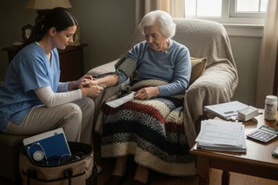 A healthcare provider takes the blood pressure of an elderly patient sitting comfortably in a cozy living room, showing the Cost of In Home Health Care Services.