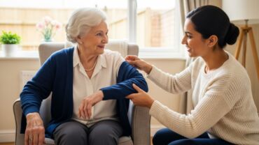 A caregiver provides Elderly Care Services Brooklyn to an elderly woman in a cozy living room, both dressed warmly and surrounded by plants and natural light.