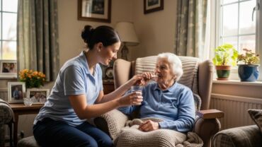A caregiver in a blue shirt from Home Care Services New York helps an elderly woman in a blue sweater with a glass of water, seated comfortably in a cozy living room.