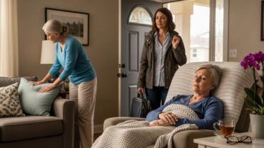 A woman in a blue sweater adjusts a pillow on a couch during Hospice Respite Care, while another woman enters the room carrying a bag, and a third woman relaxes in a chair.