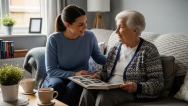 A caregiver and an elderly woman browse through a photo album on a cozy couch, with cups of tea nearby, creating a warm, inviting atmosphere, perfect for Private Sitters for the Elderly Near Me.